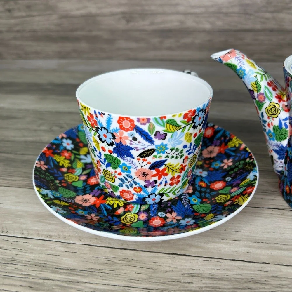 Stechcol Gracie Bone China Mad Hatter Whimsical Tea Set Cup Plate Floral Cottage